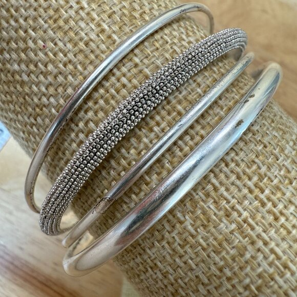 Vintage Monet Silver-Tone Stackable Bangle Bracelets With Textured & Smooth Desi - Picture 3 of 12